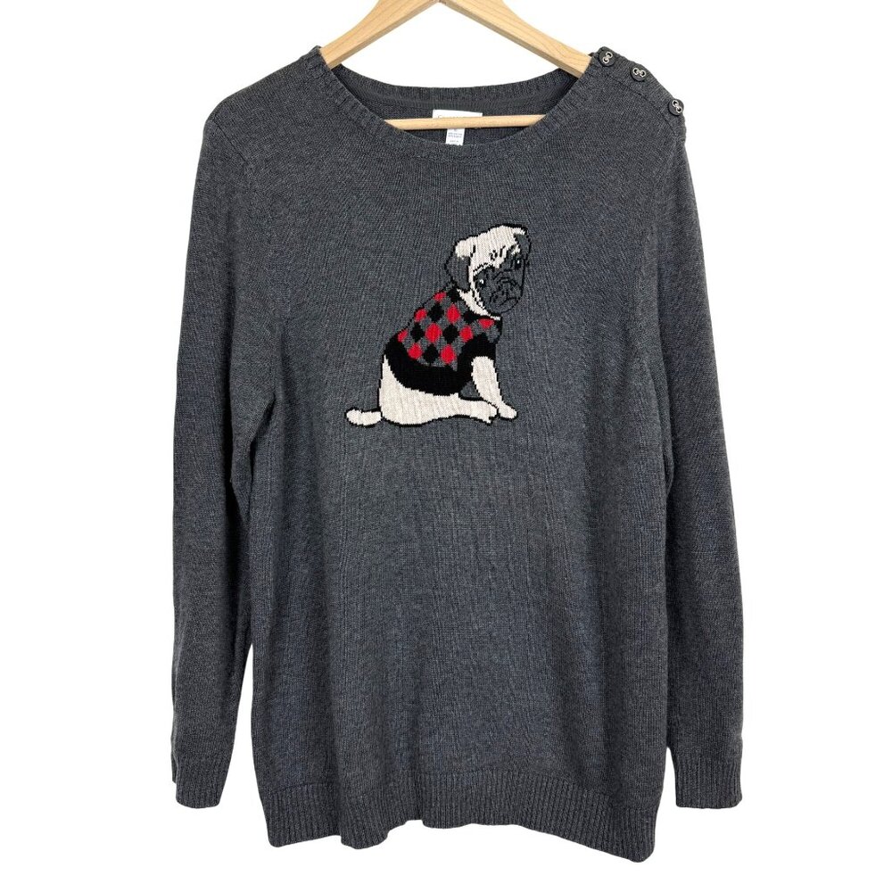 Charter Club Women’s Pug Dog Knit Sweater Sz XL Cotton Blend Gray Long Sleeves